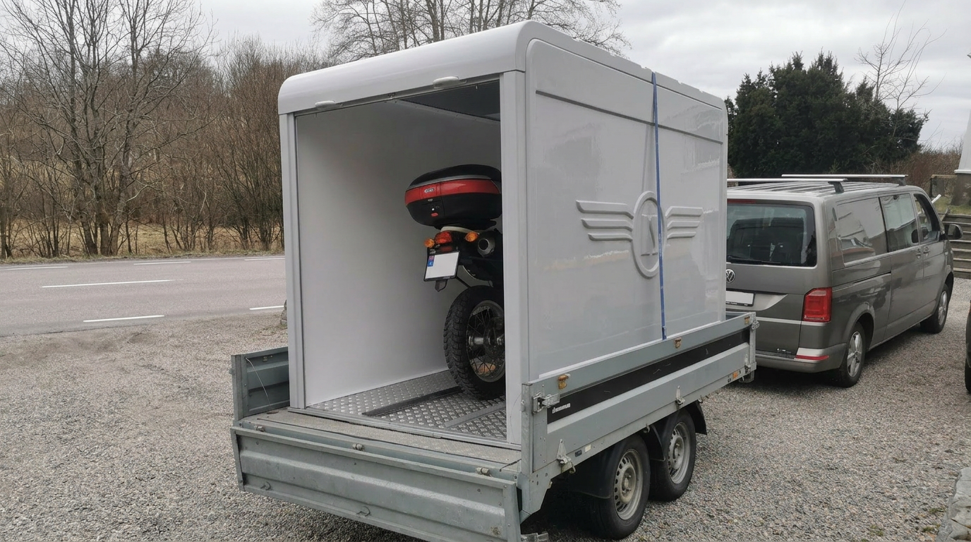 BikerBox med motorsykkel på henger – enkel transport