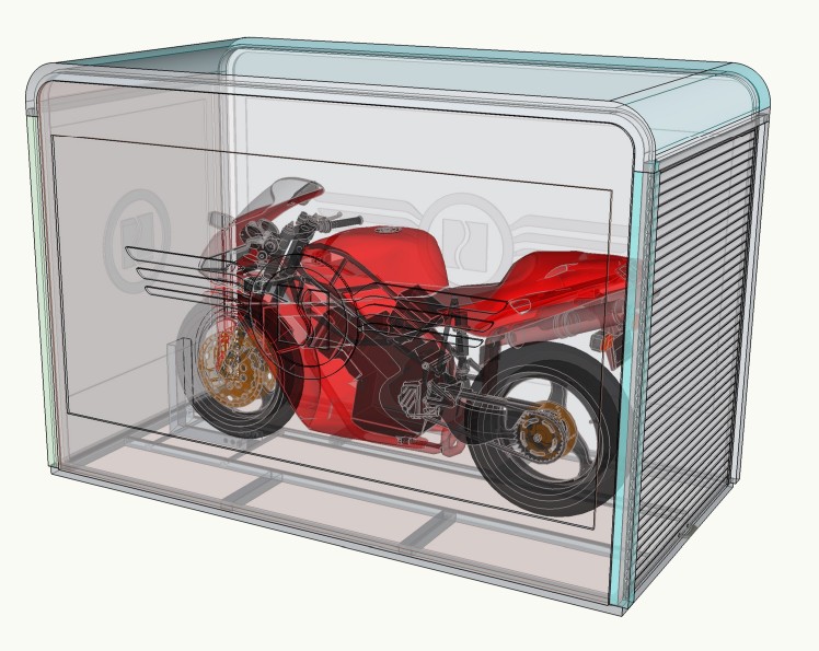BikerBox snittbilde – motorsykkel inne i garasjen sett gjennom transparent vegger